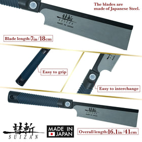 SUIZAN Dozuki blade detail highlights razor-thin kerf and 0.012 inch thickness.