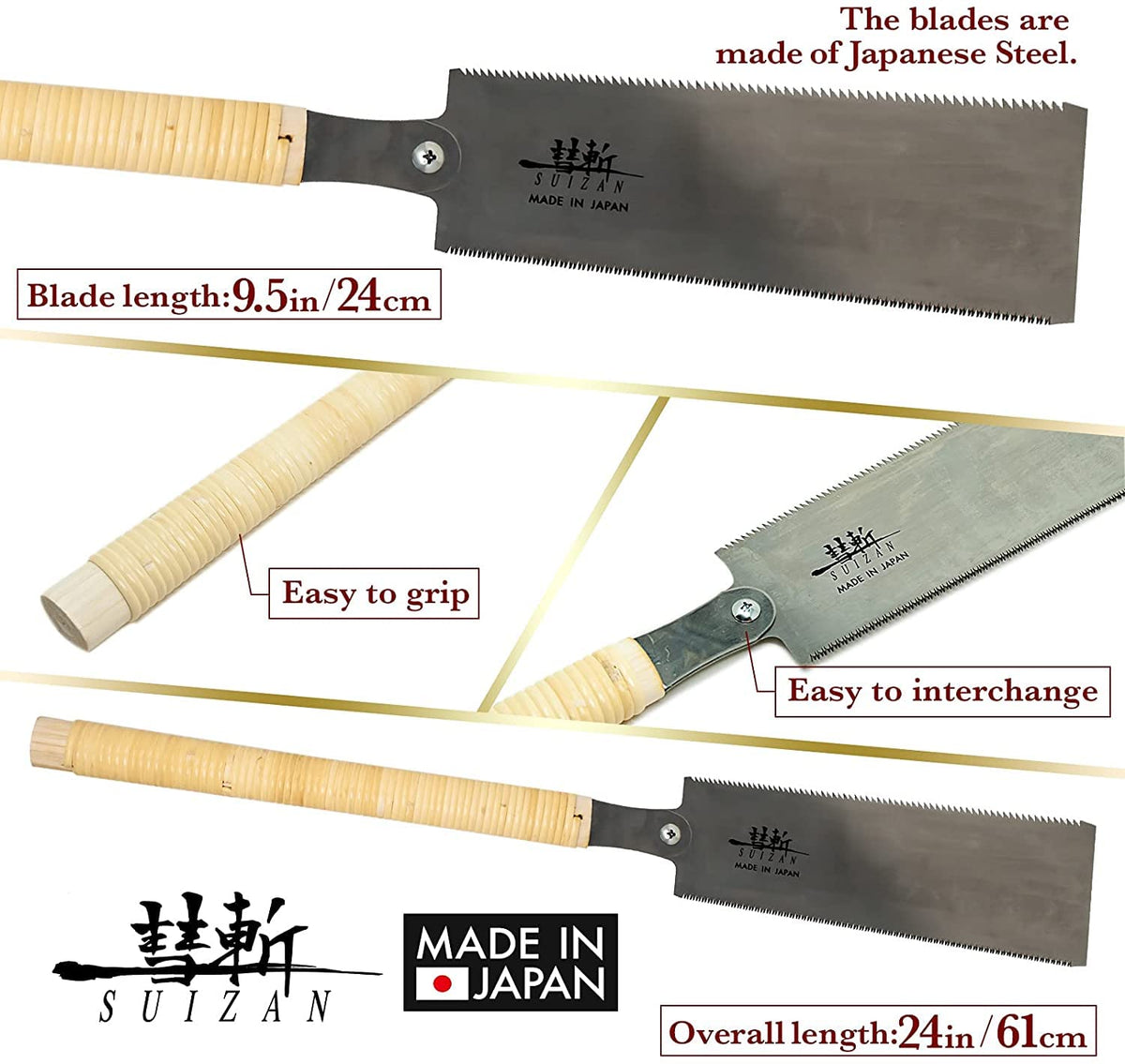 SUIZAN Ryoba handle wrap detail showing hand-crafted grip for comfort.