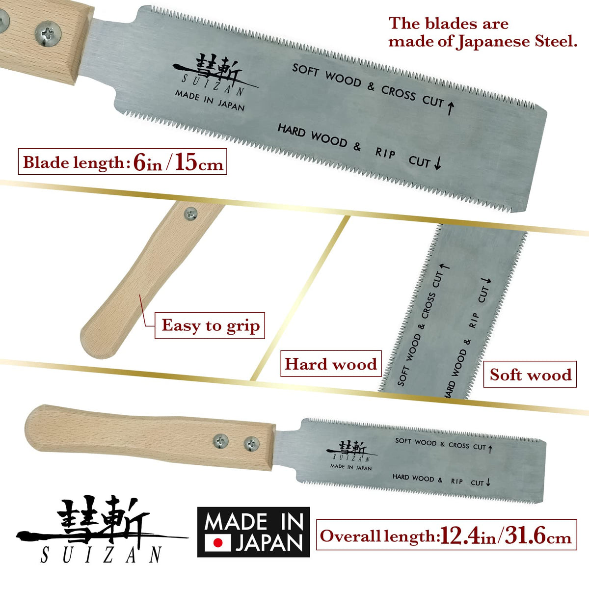 SUIZAN Ryoba pull saw handle grip shown during comfortable woodwork.