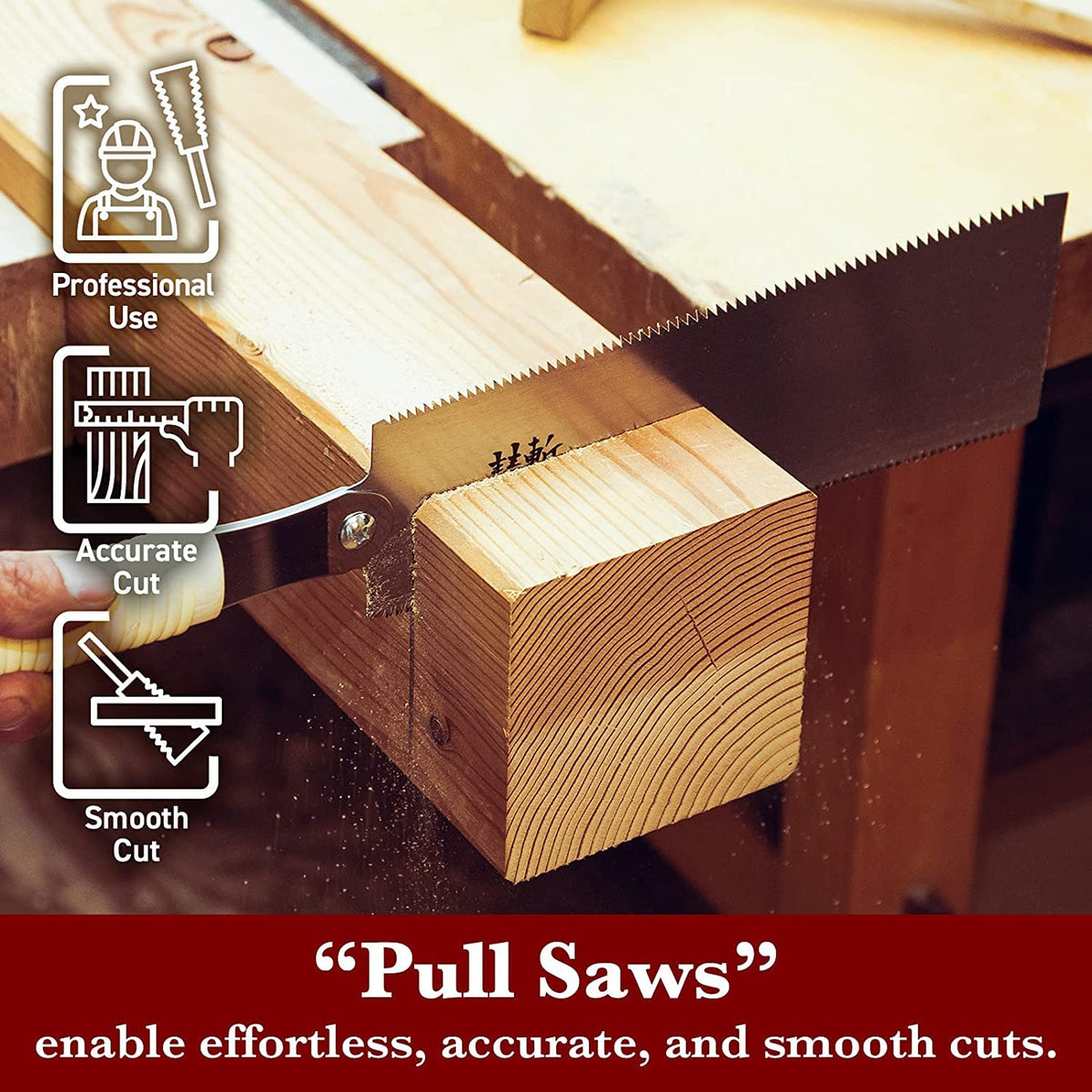 SUIZAN Ryoba in-use pulling action enables precise cuts.