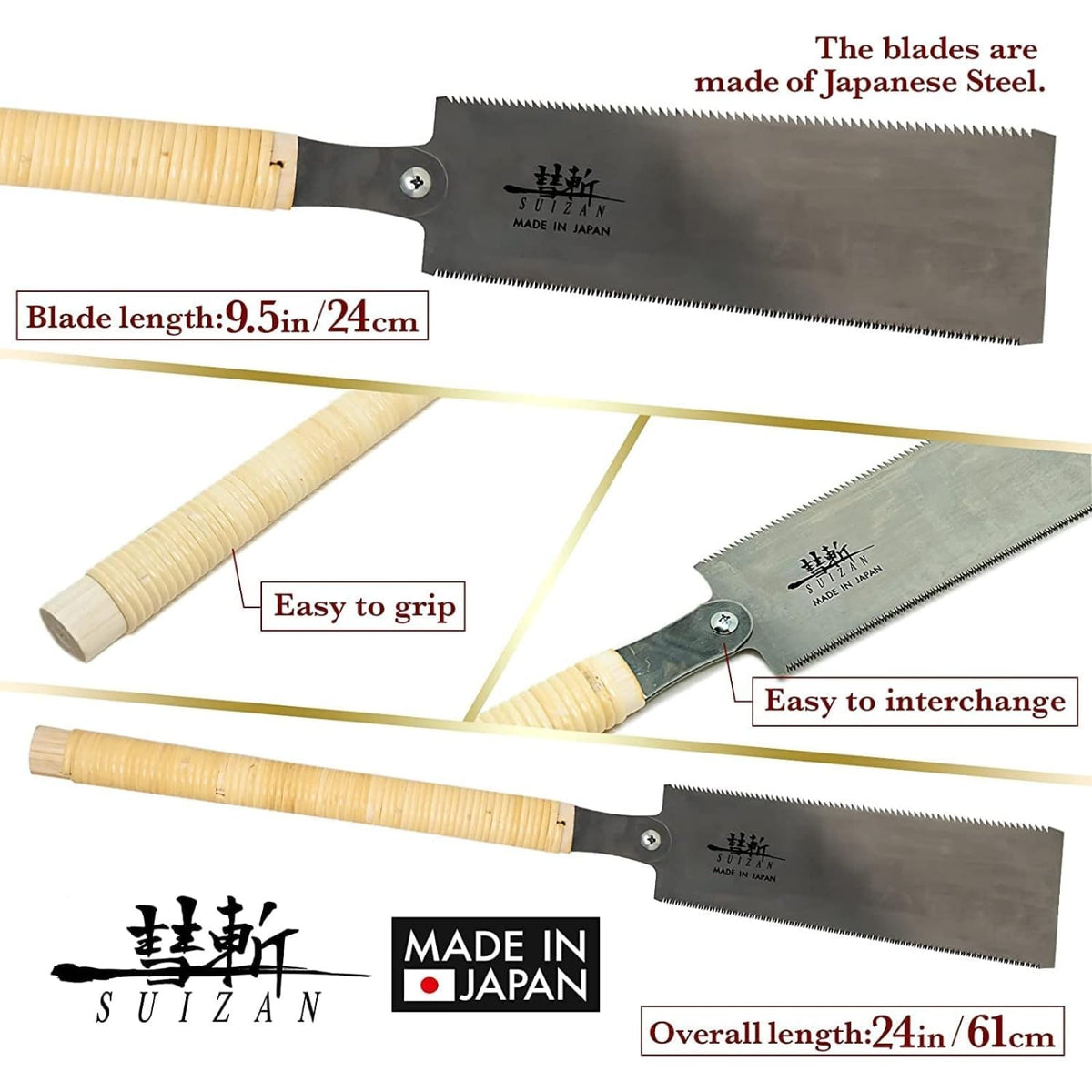SUIZAN Ryoba pull saw blade shows razor-sharp Japanese steel for precise cuts