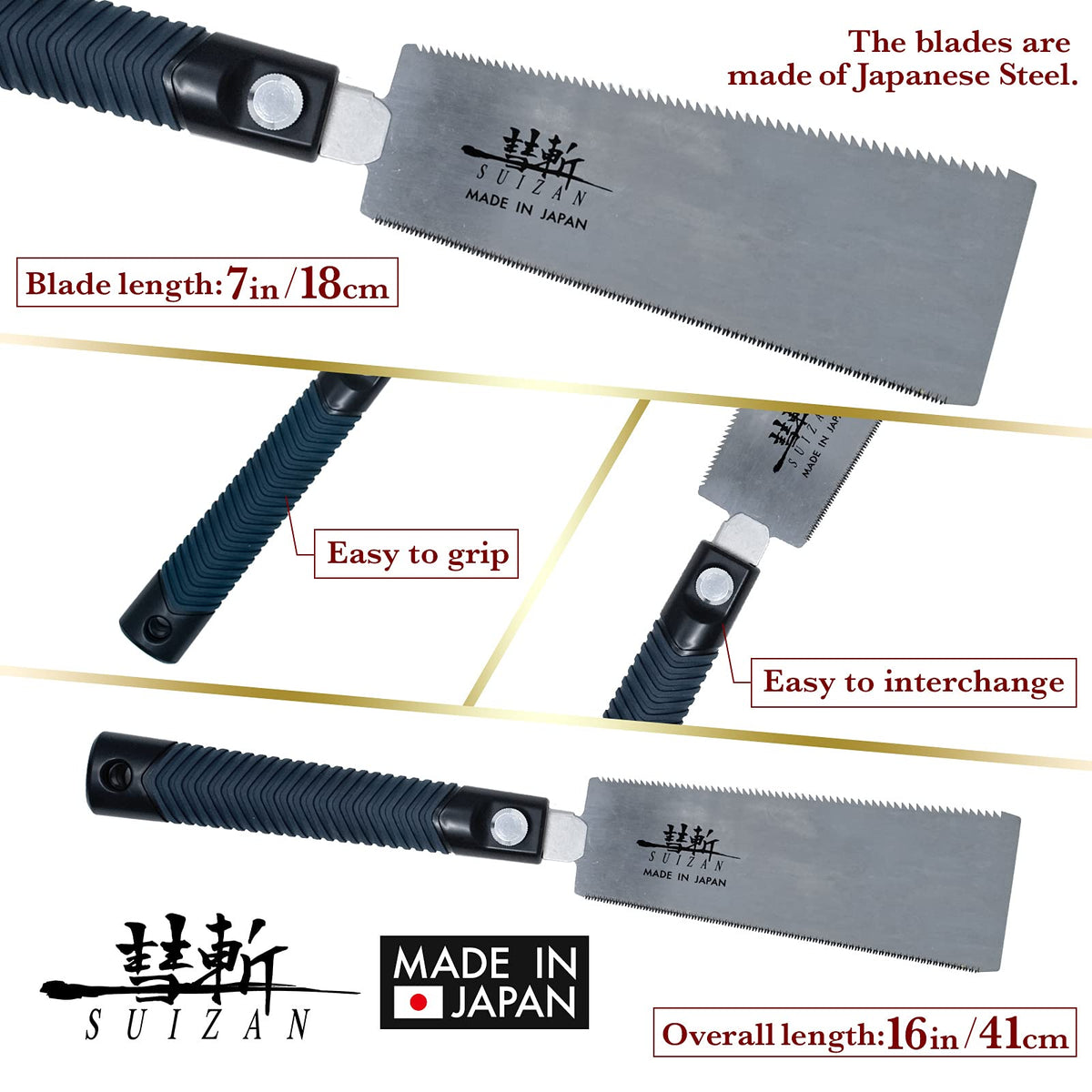 Close-up of SUIZAN Ryoba blade edge for precise rip cuts.
