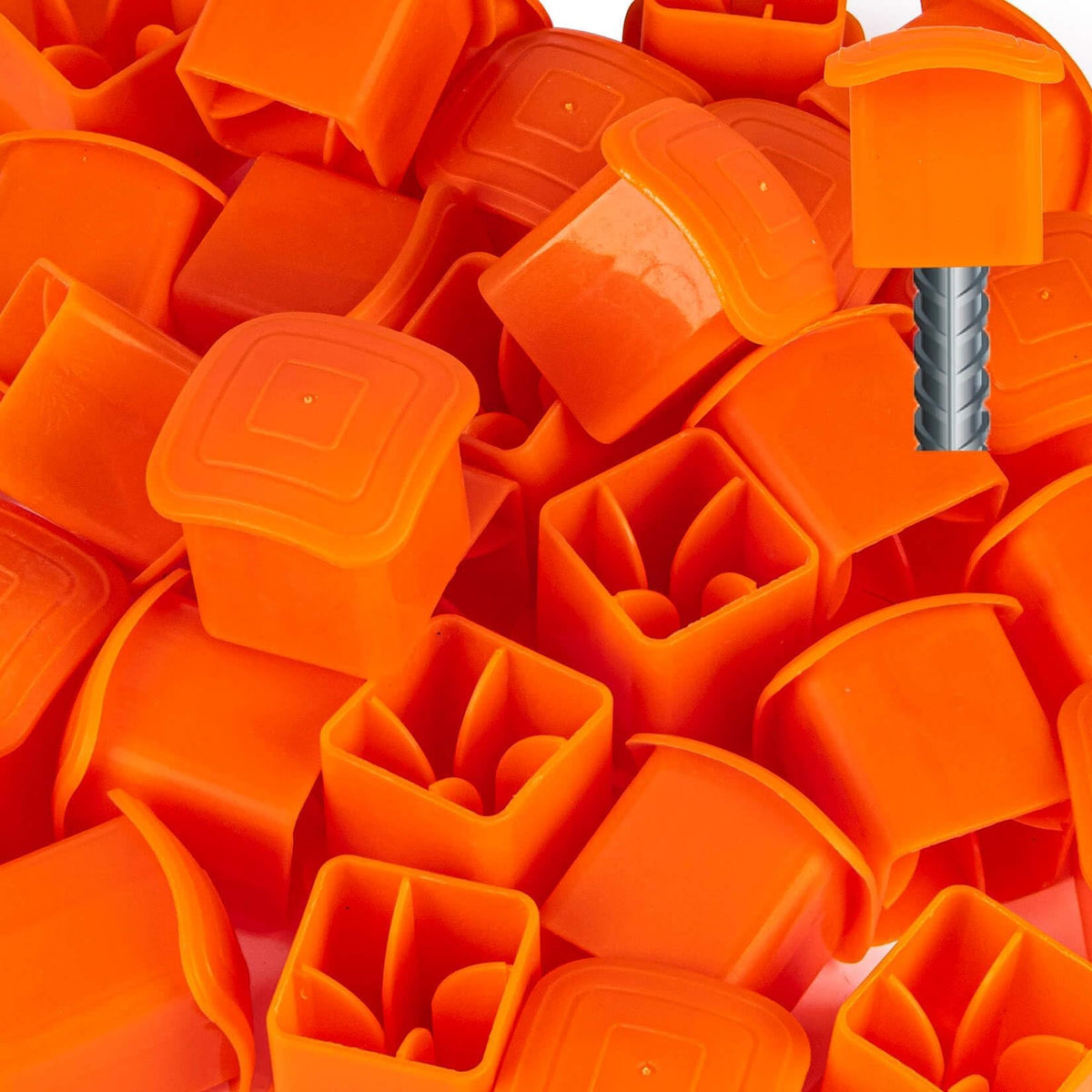 Sukh Rebar Caps orange mushroom cap pack protects exposed rebar on site.