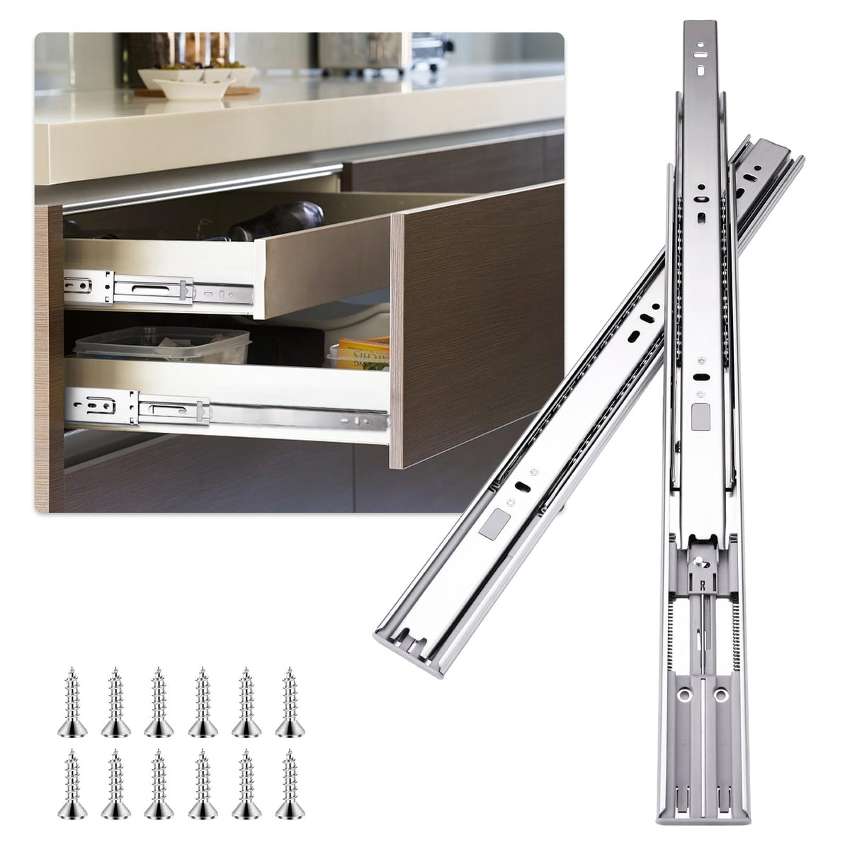 Sulawskys 12-inch soft-close drawer slide, smooth quiet operation for kitchen cabinets.