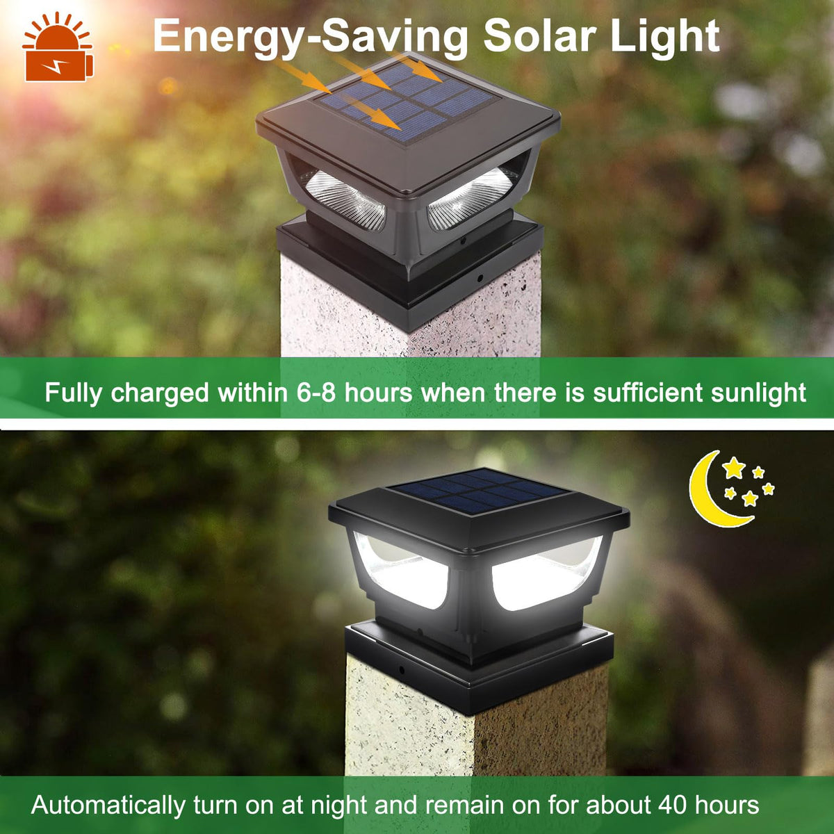 Sumaote 12-LED, 6500K cool white brightness on a 4x4 wooden post