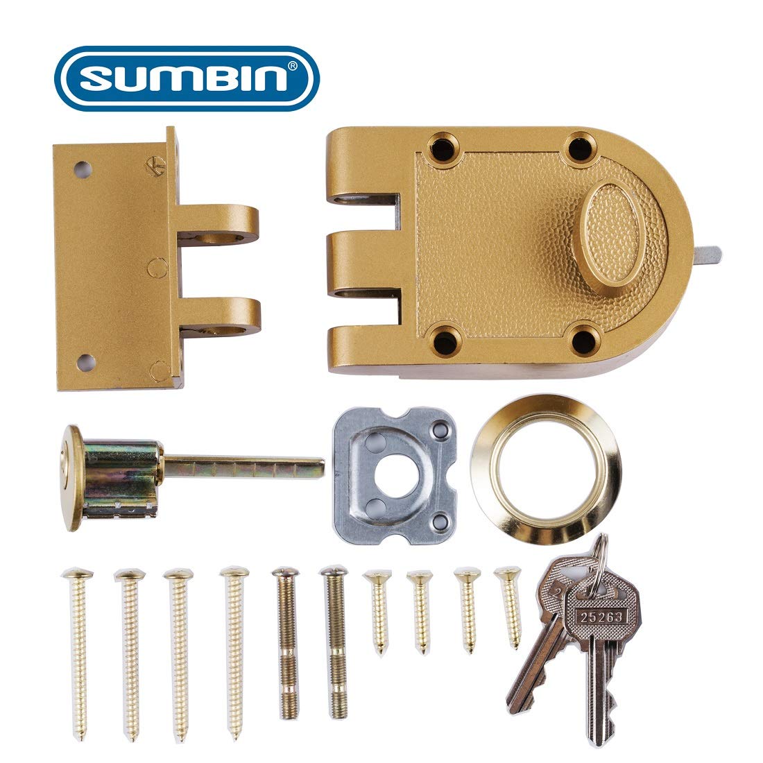 Gold-tone bolt and strike plate of SUMBIN lock securing the door