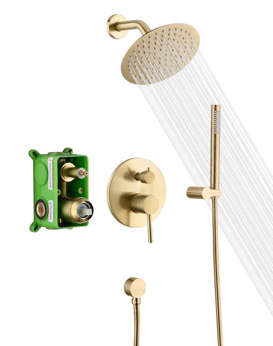 Sumerain brushed gold 8-inch rain showerhead delivers wide coverage for a spa-like shower.