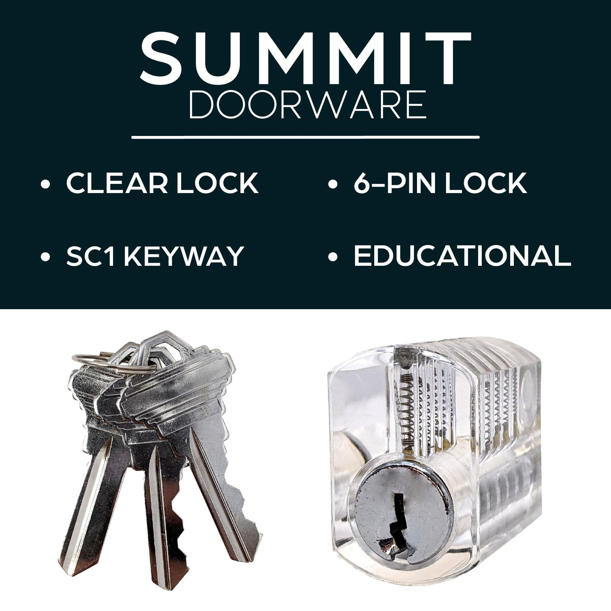 SUMMIT DOORWARE clear-body lock reveals pins and springs for hands-on practice