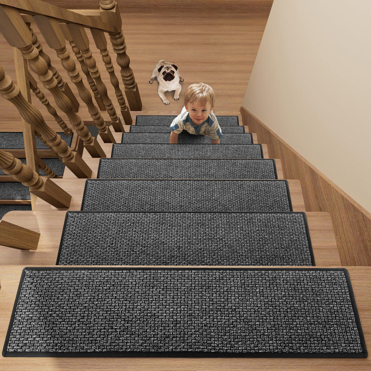 SUMLANS stair treads in dark gray offer soft comfort on wooden stairs.