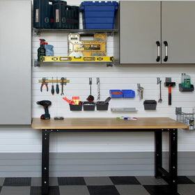 Sumnacon slatwall bins for garage organization, keeping small parts neatly sorted and within reach.