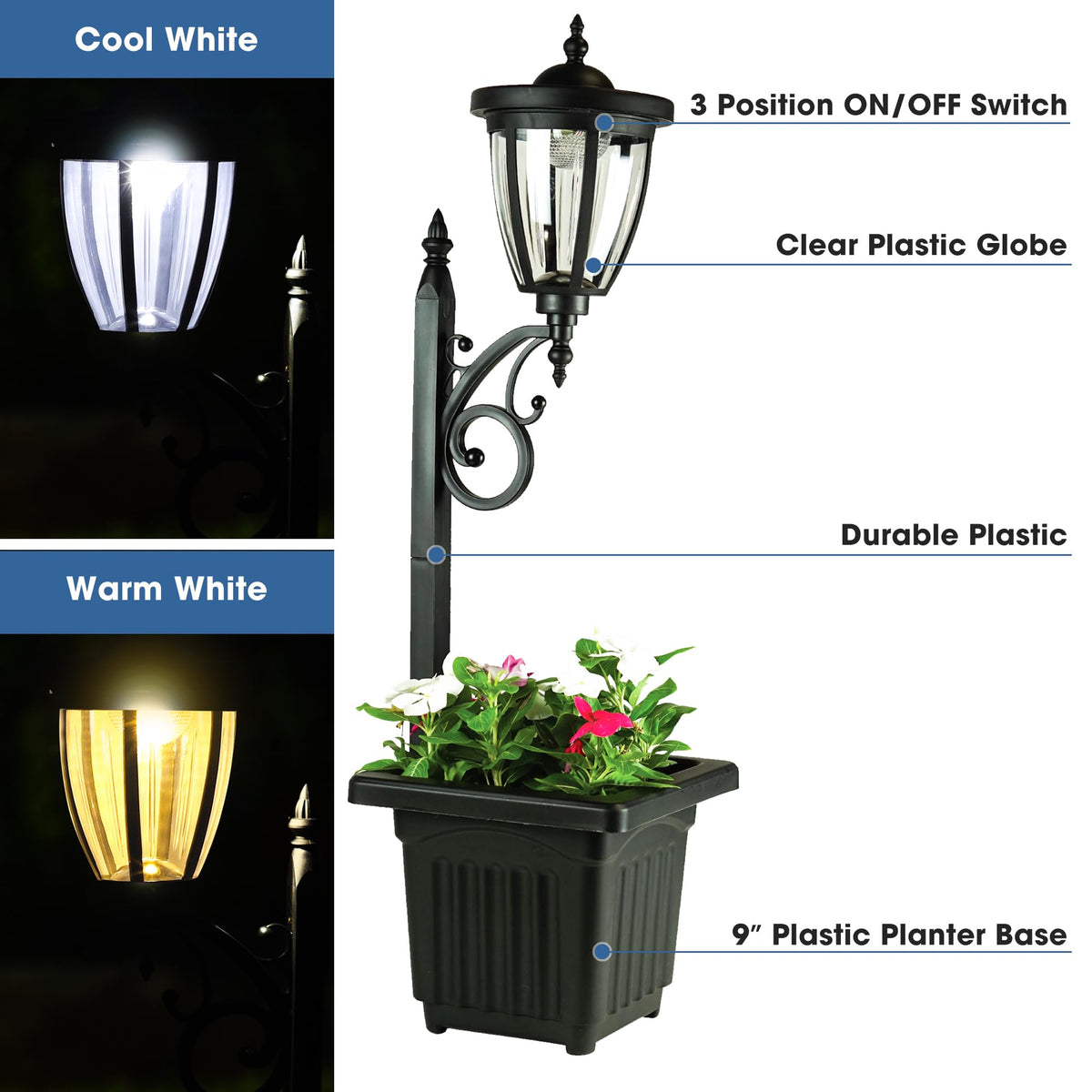 Sun-Ray Kambria planter detail reveals 6-quart capacity for flowers