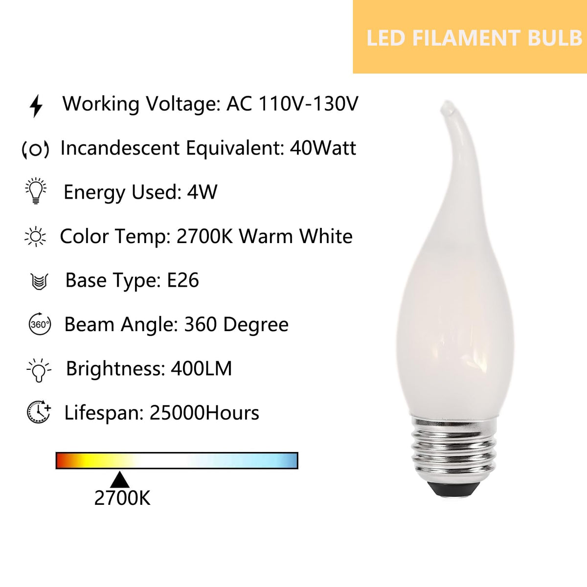 Sunaiony E26 flame-tip LED bulb close-up showing vintage design.
