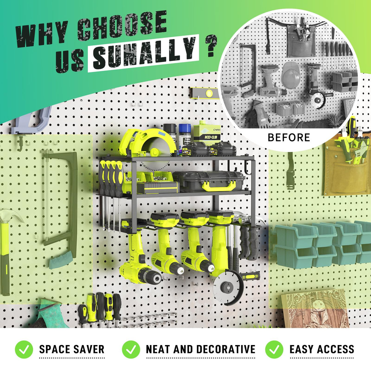 Sunally floating tool shelf on wall keeps frequently used tools within reach