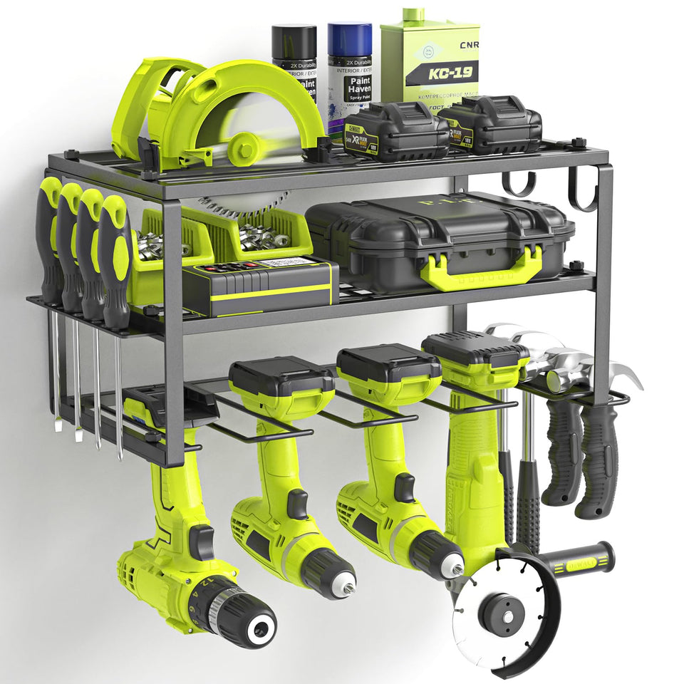 Sunally power tool organizer mounted on wall with 3-tier storage for easy access