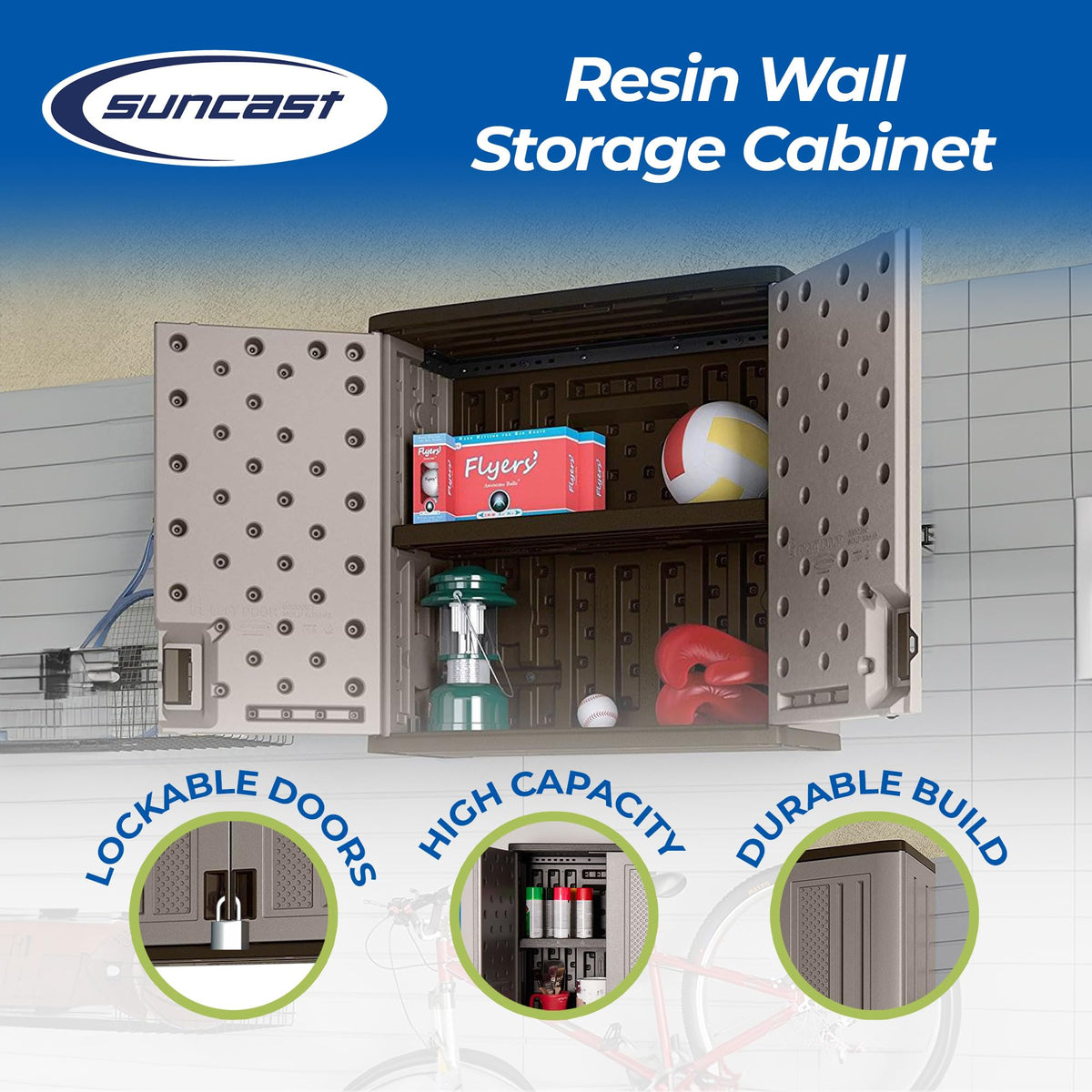 Suncast BMC3000 wall-mounted setup keeps tools off the floor and accessible.
