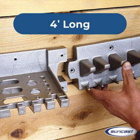 Suncast rack stores rakes and shovels on sturdy hooks