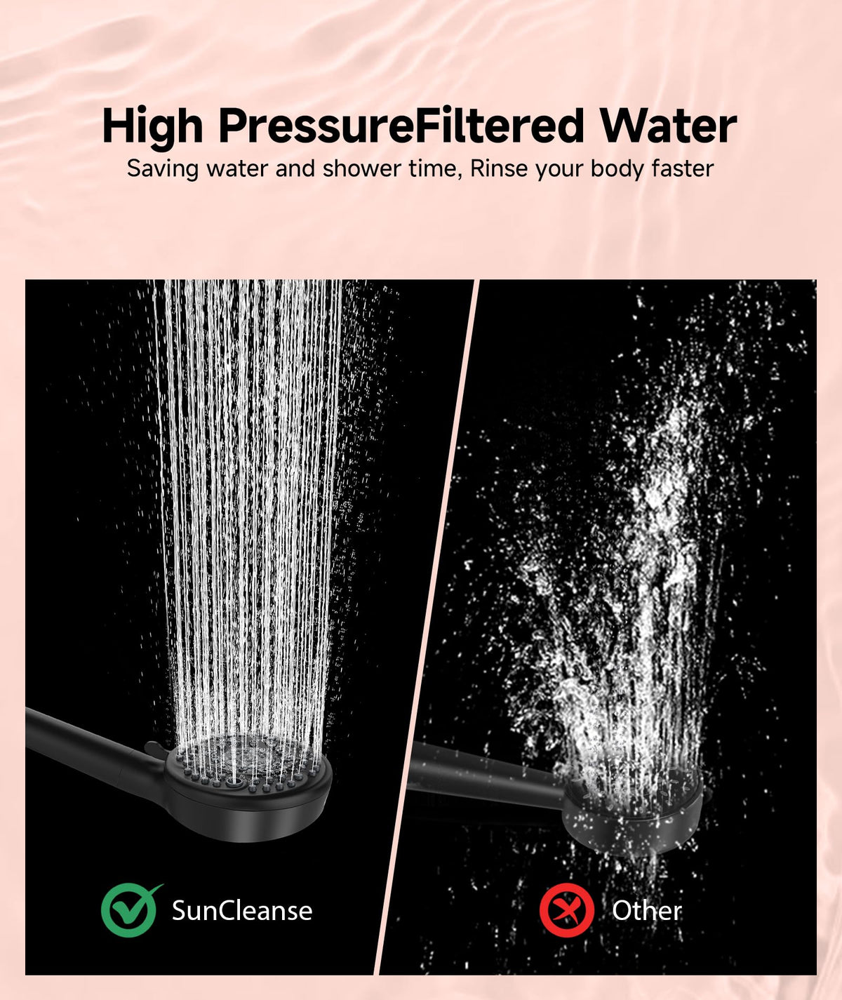 SunCleanse black shower head blends with modern bathrooms and resists wear.