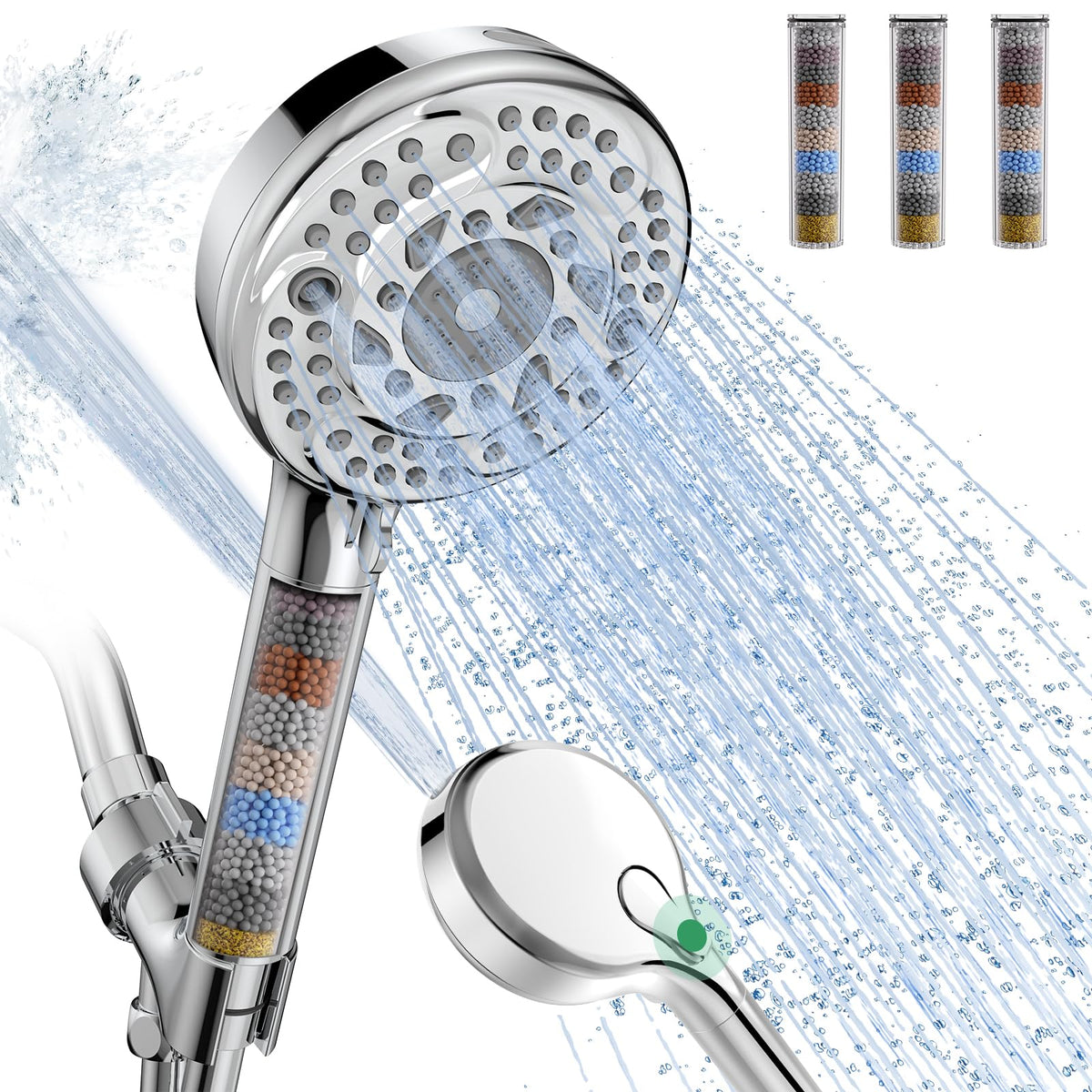 SunCleanse handheld chrome filtered shower head with nine spray settings for customized showers