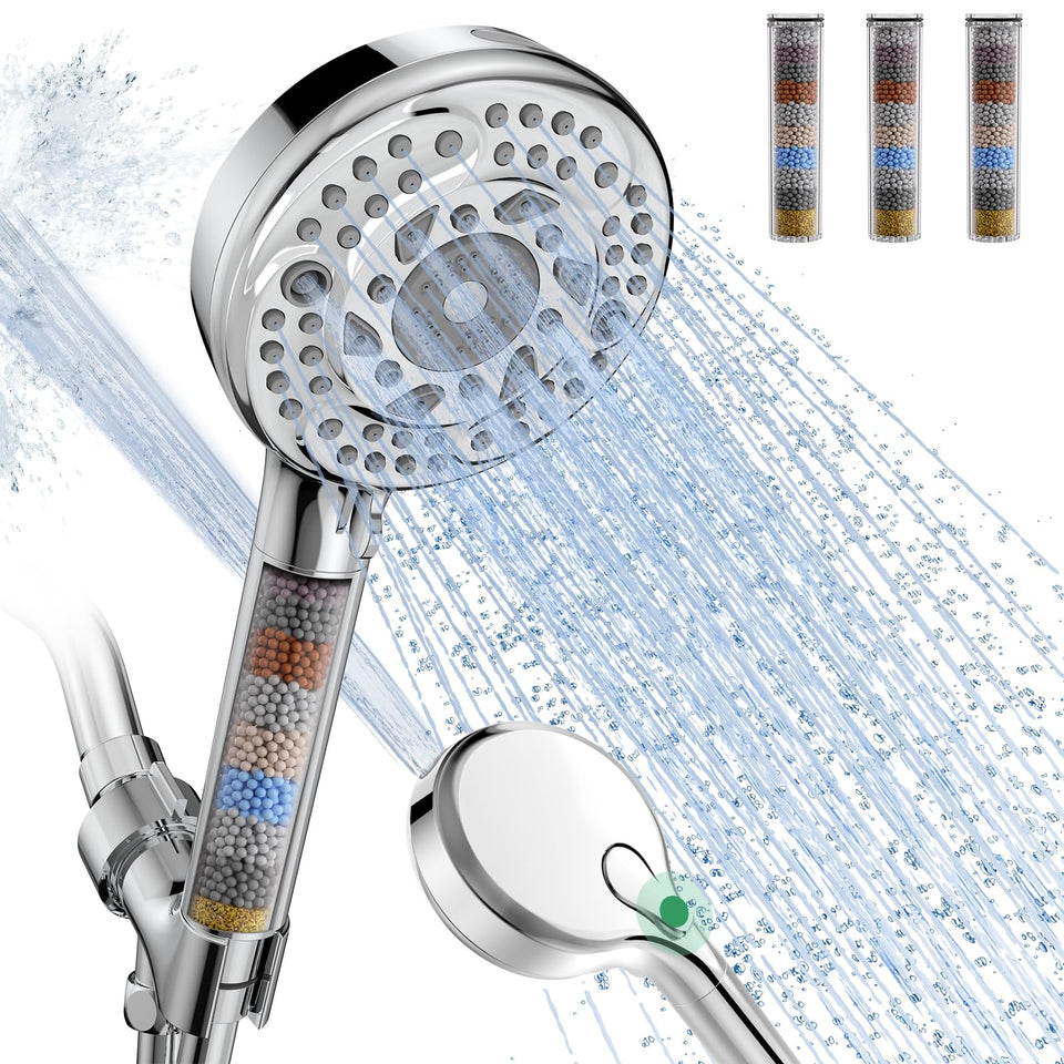 SunCleanse handheld chrome filtered shower head with nine spray settings for customized showers