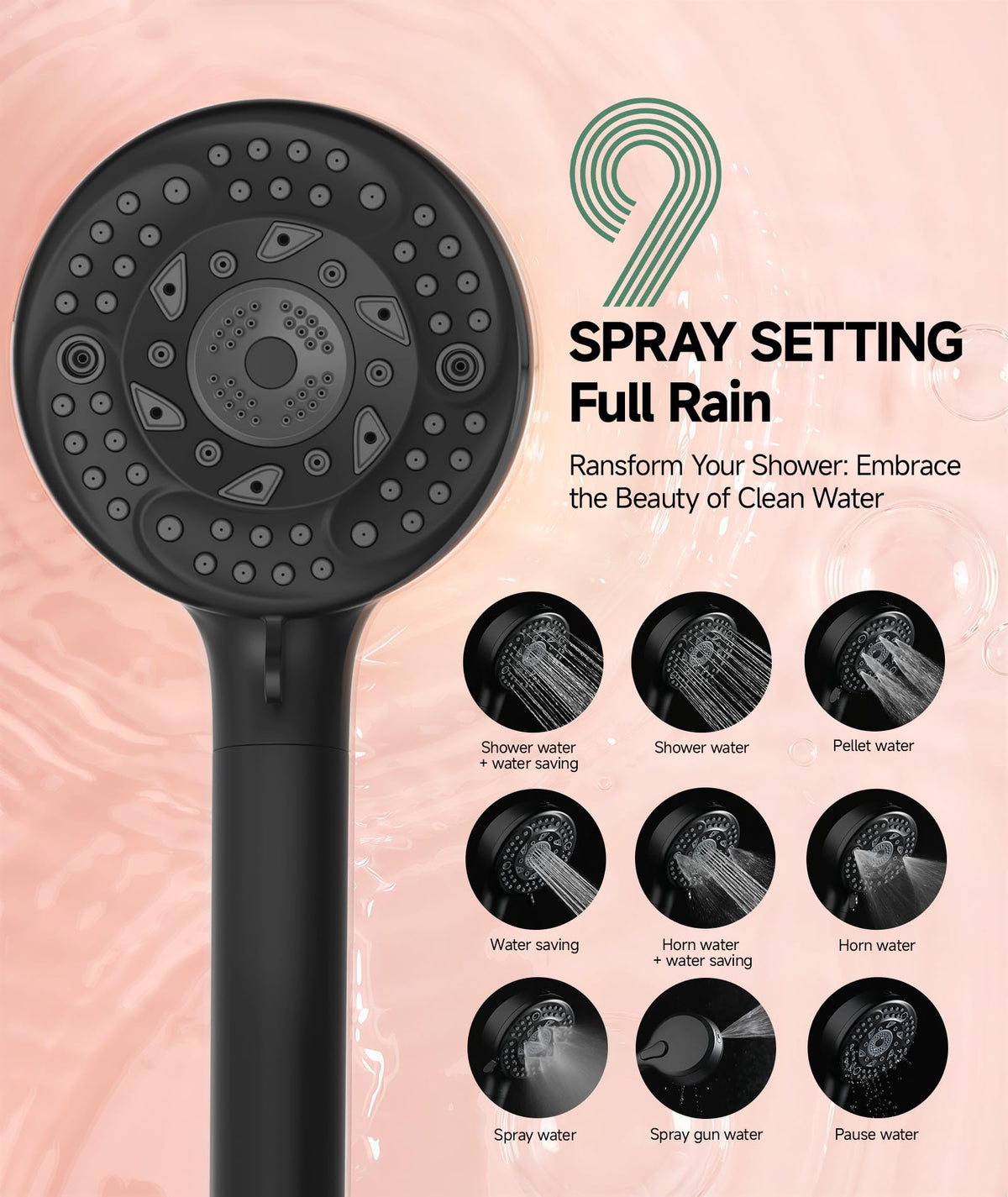 SunCleanse self-cleaning silicone nozzles prevent buildup during everyday showers.