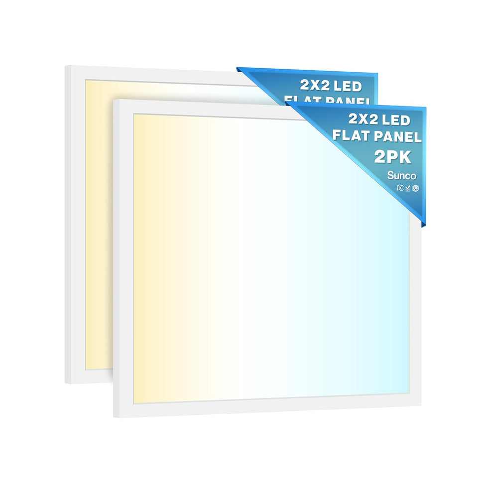 Sunco 2x2 LED panel front view highlighting bright, clean ceiling lighting.
