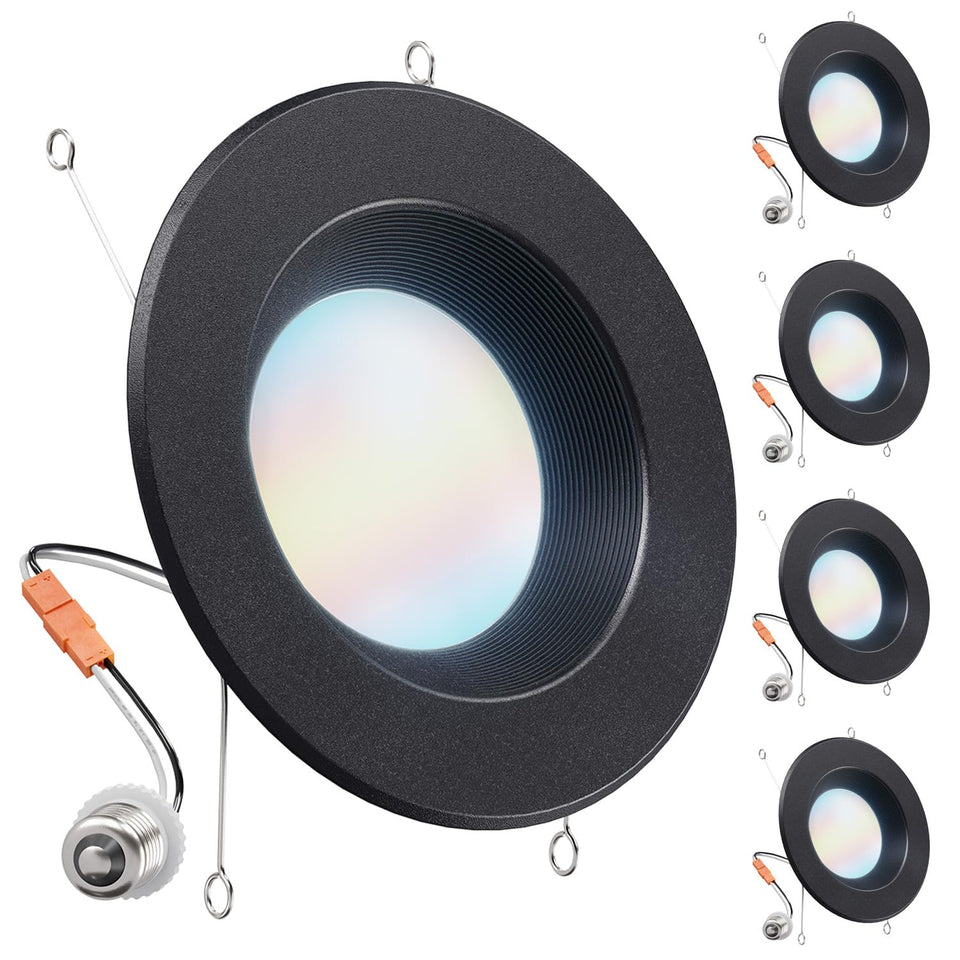 Sunco 4-pack 6-inch LED downlights with black baffle trim for versatile ceiling lighting.