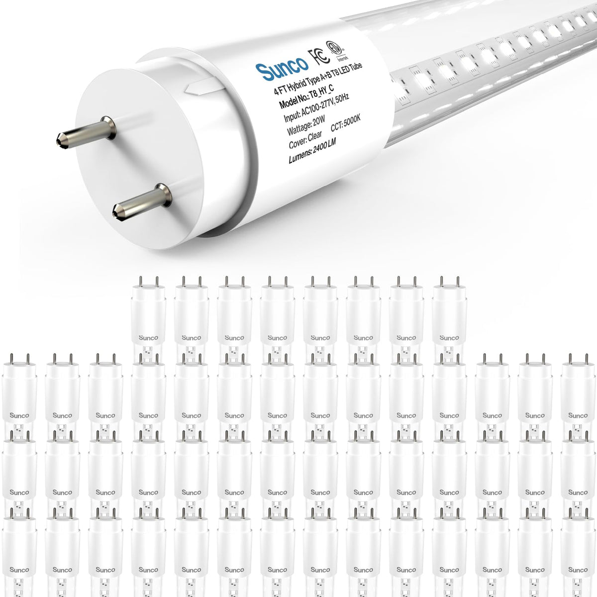 Sunco 50-pack T8 LED bulbs front view showing bright daylight-like illumination