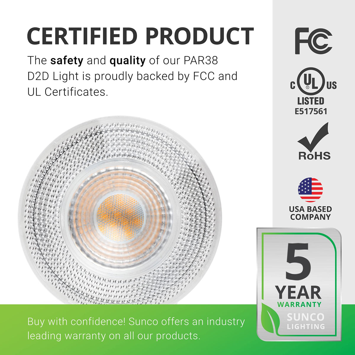 Sunco PAR38 fits 6-inch recessed cans for easy retrofit.