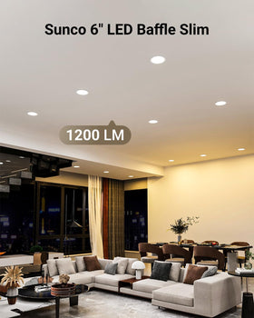 Sunco 6-inch LED downlight with baffle trim for clean, glare-minimizing lighting.