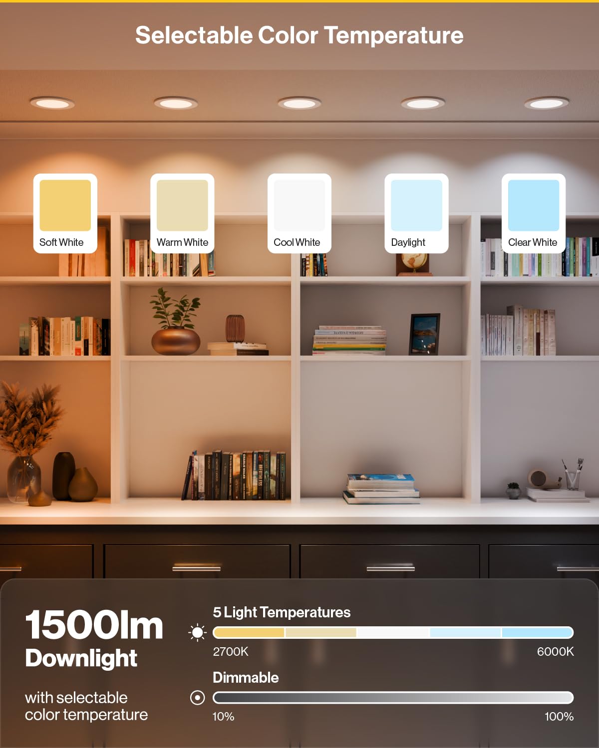 Sunco selectable CCT 2700K-6000K on a recessed light for flexible mood lighting.