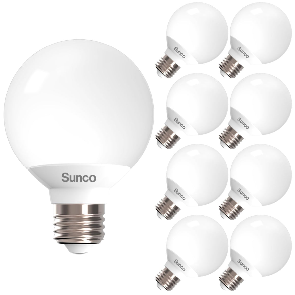 Sunco 8-pack G25 globe vanity bulbs with E26 base for bathroom lighting and energy efficiency.