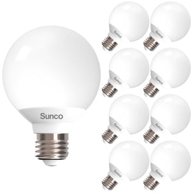 Sunco 8-pack G25 globe vanity bulbs with E26 base for bathroom lighting and energy efficiency.