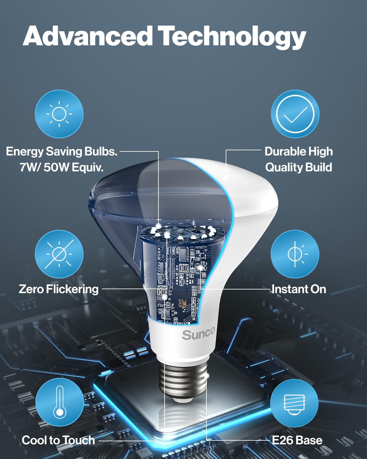 Sunco BR20 LED bulb ideal for kitchen can lights.
