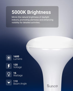 Sunco BR30 LED bulb emits 5000K daylight for true color rendering.