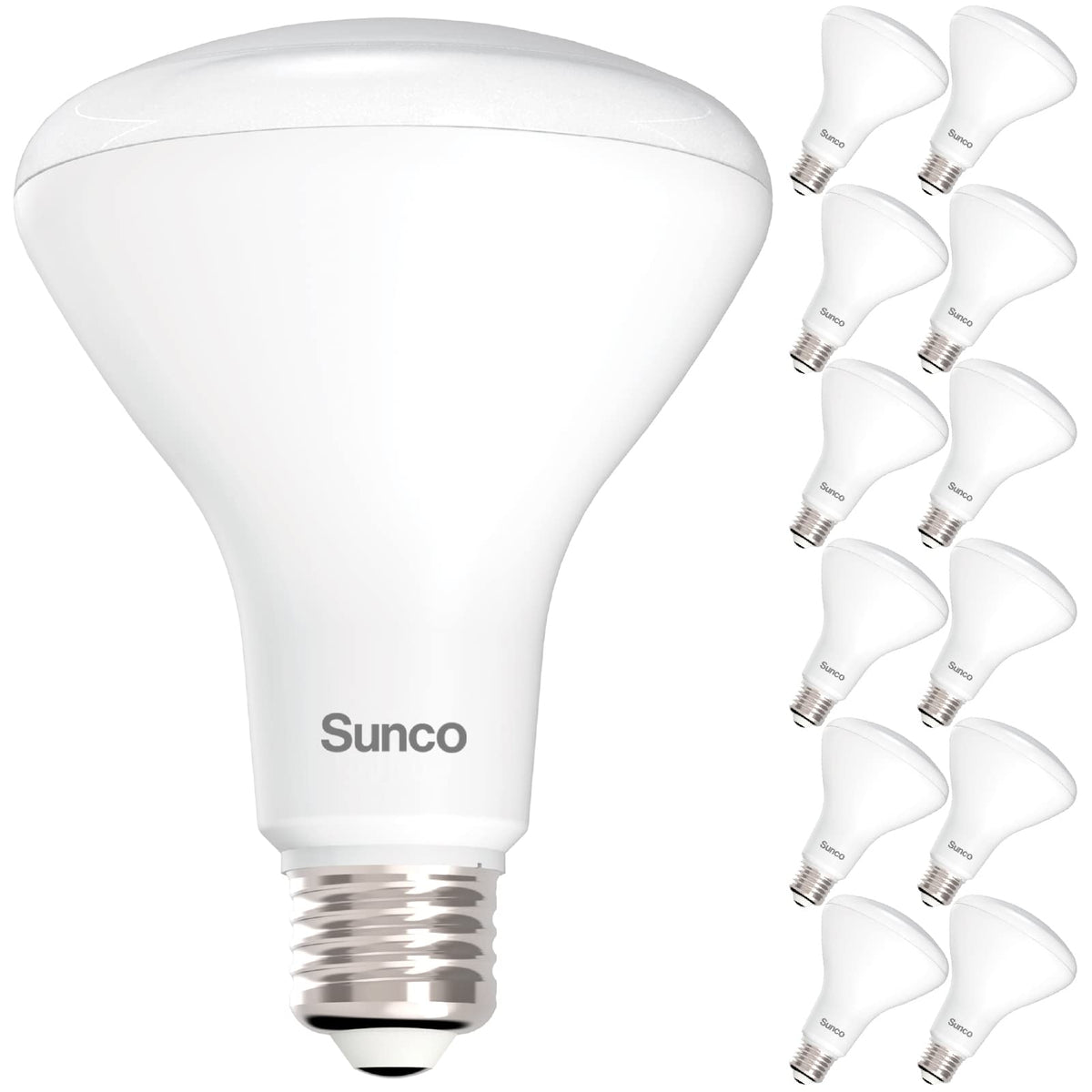 Sunco BR30 LED bulb closeup for indoor flood lighting showing bright, even illumination