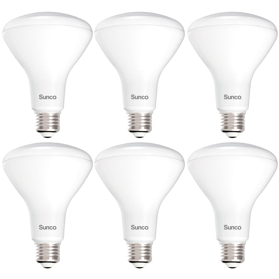 Sunco BR30 LED bulb pack front view highlighting dimmable flood light for living spaces.