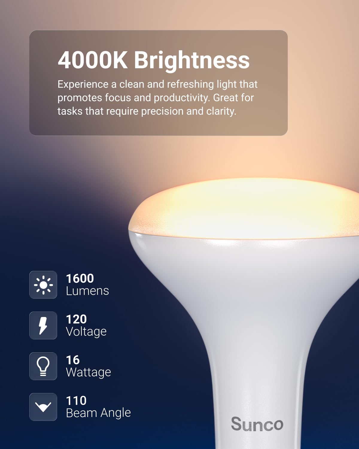 Sunco BR30 4000K cool white enhances true color rendering.