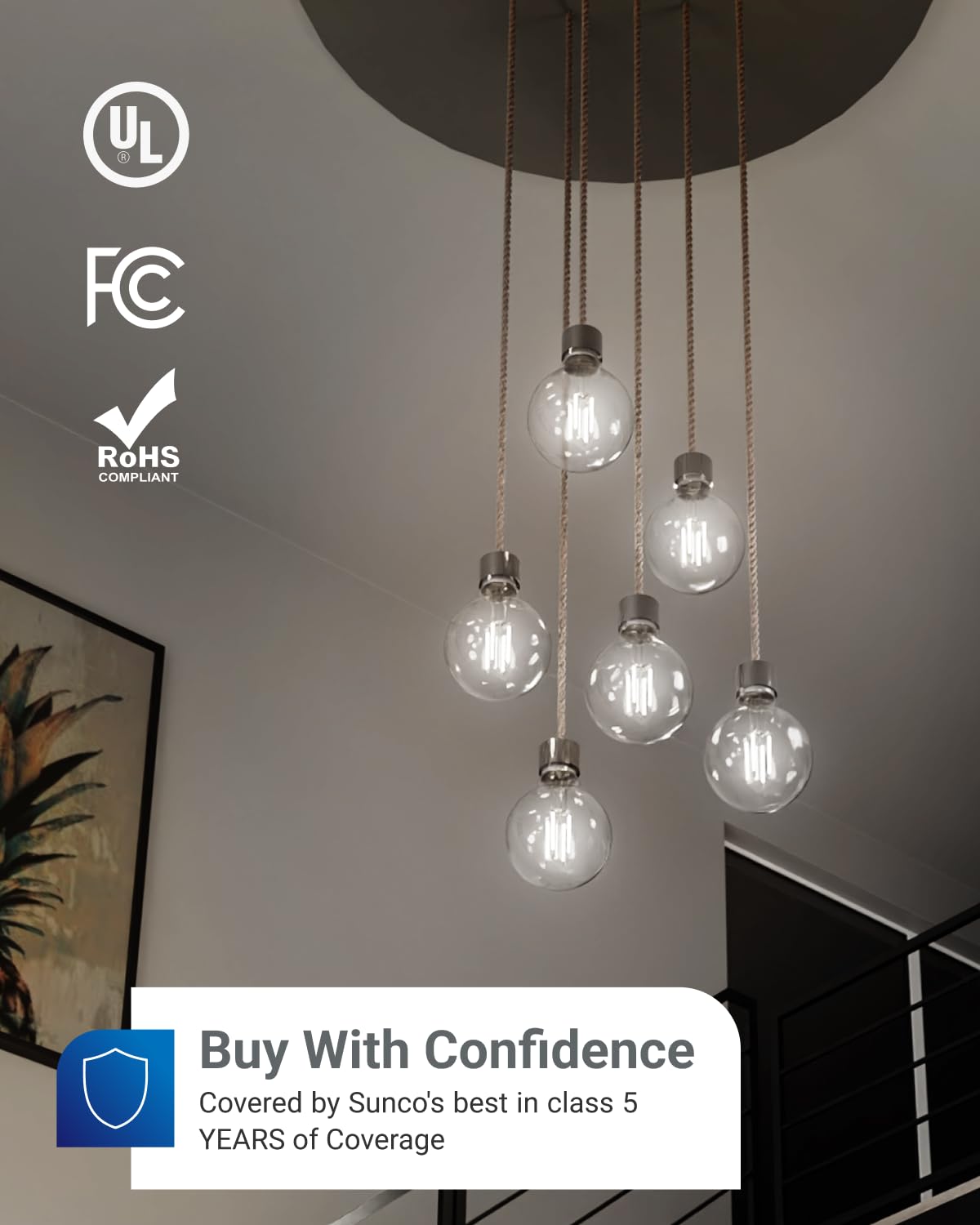 Sunco G25 LED globe with E26 base fits standard fixtures.