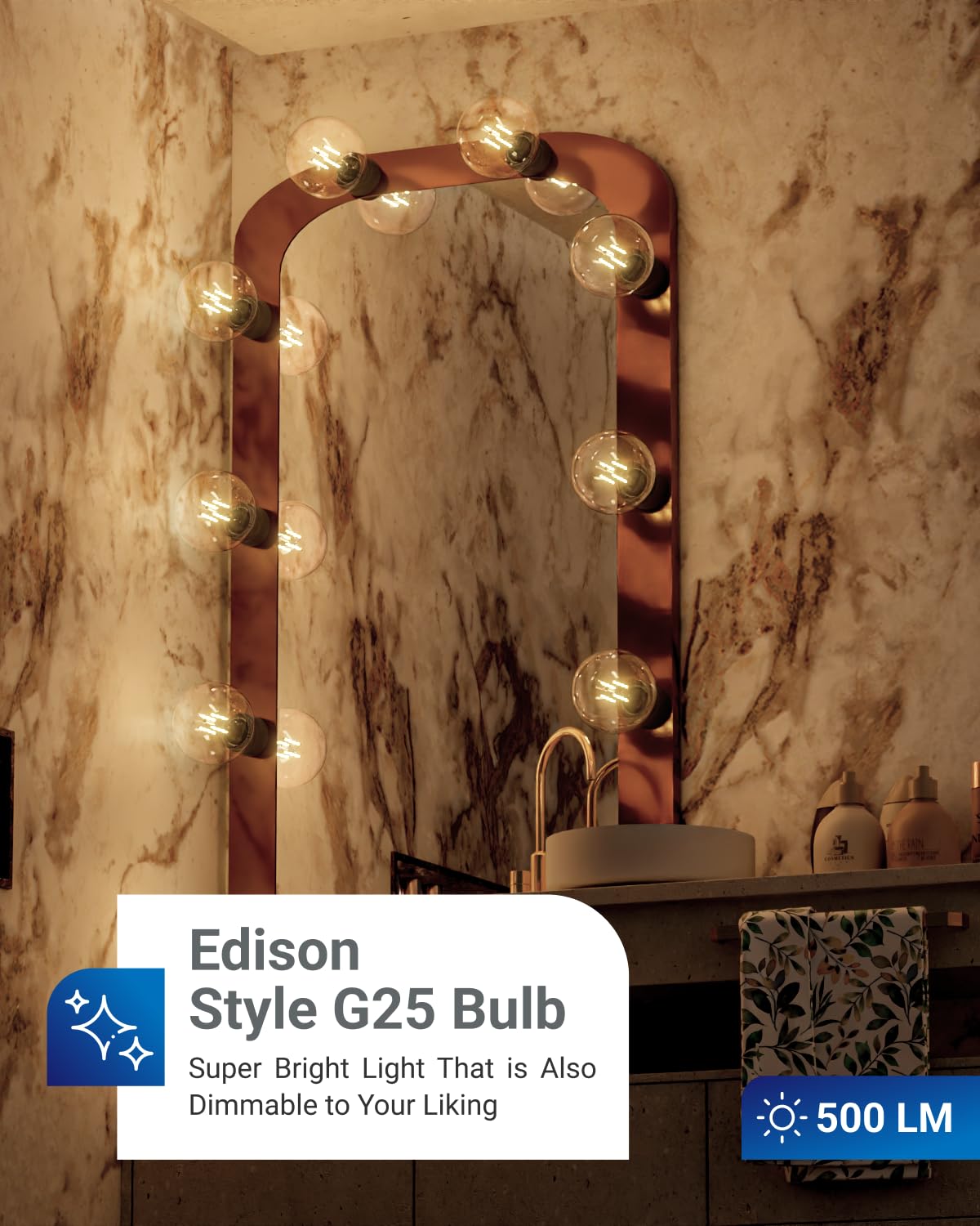 Sunco G25 LED globe bulb for vanity-lit bathrooms provides warm glow and energy savings.