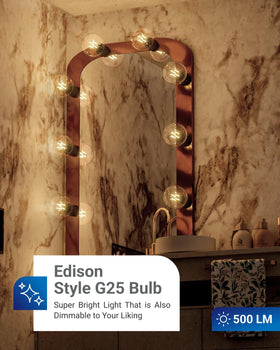 Sunco G25 LED globe bulb for vanity-lit bathrooms provides warm glow and energy savings.
