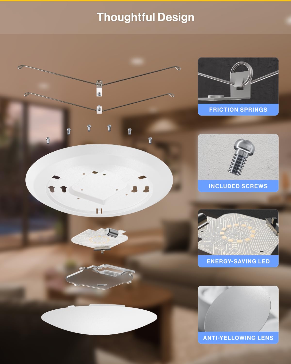 Sunco 12-pack LED disc lights installed in a kitchen ceiling for uniform brightness.