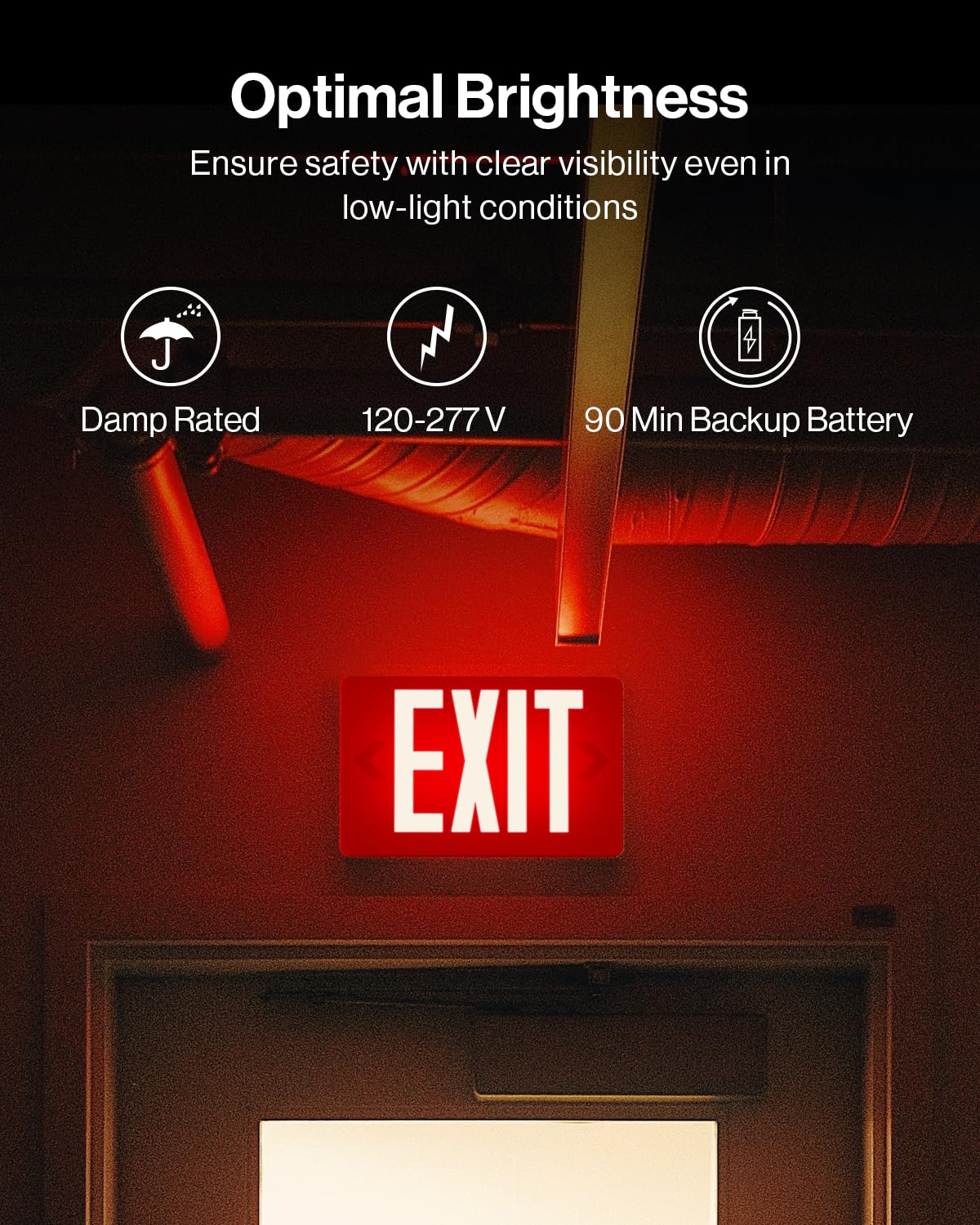 Sunco exit sign back view highlights double-sided design for two-way visibility.