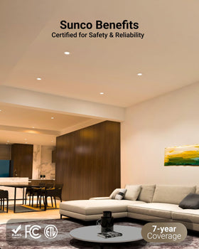 Sunco Lighting 12-pack recessed 6-inch long-life demonstrates 50,000-hour lifespan.