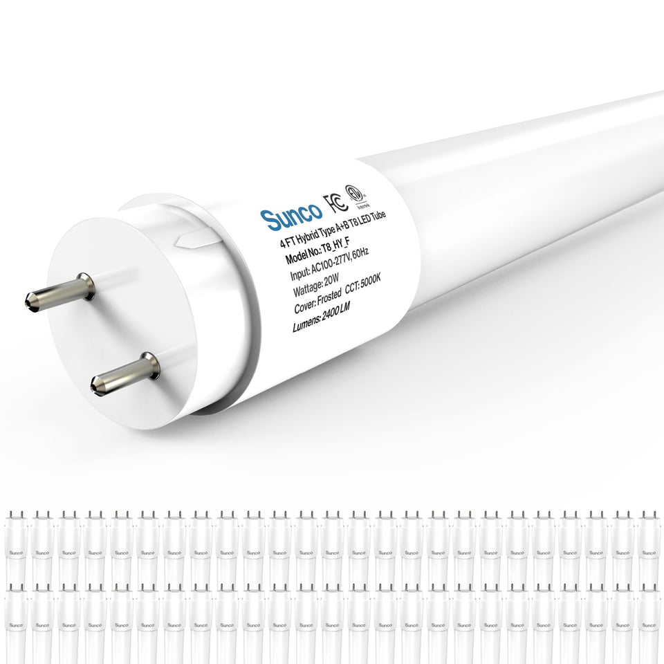 Sunco Lighting 50-pack T8 LED bulbs for bright 4-foot installations.