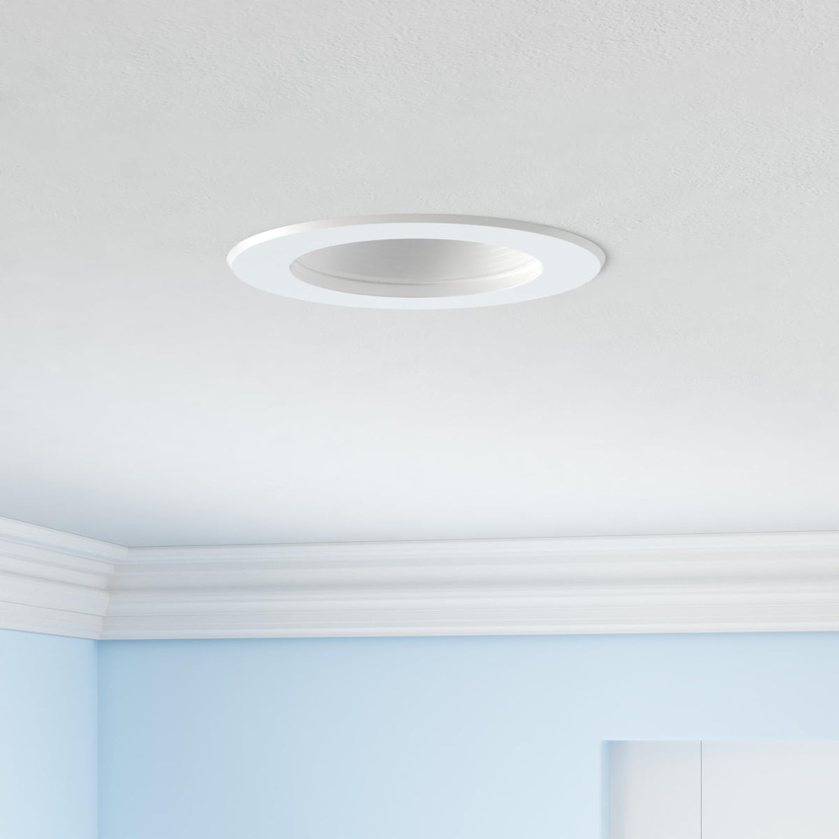 Close-up of the 6-inch LED downlight with a durable baffle trim.