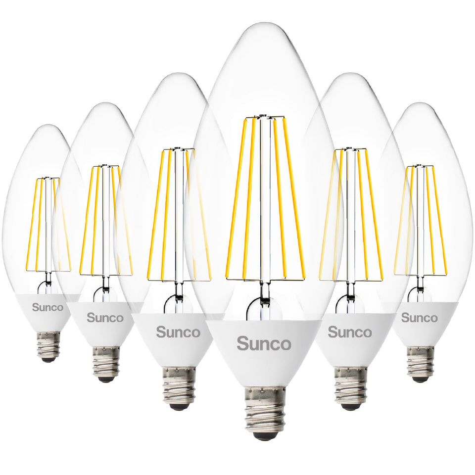 Sunco Lighting dusk-to-dawn B11 filament bulb for porch lighting auto-activates at dusk.