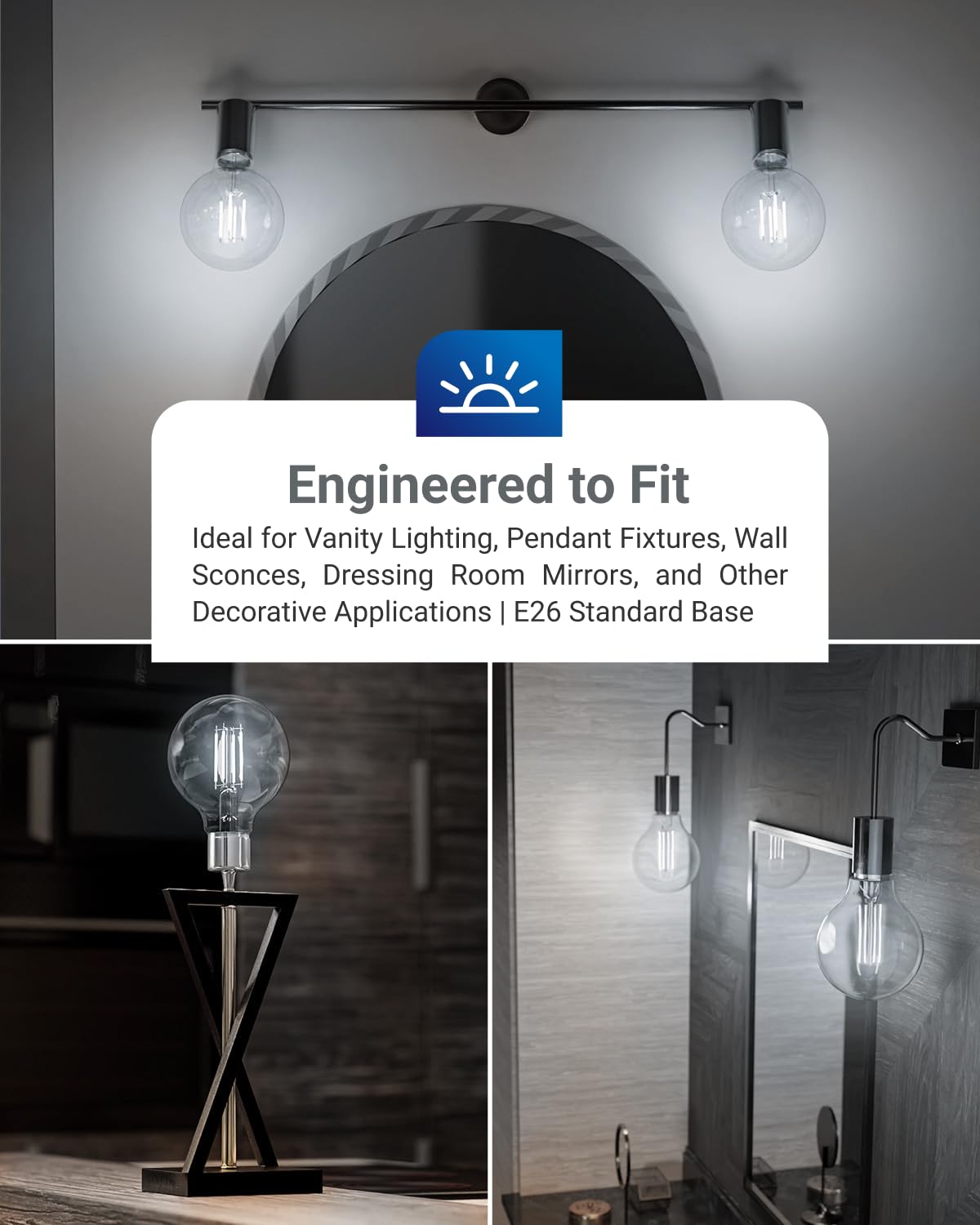 Sunco Lighting E26 base vanity globe shown with instant, flicker-free startup.