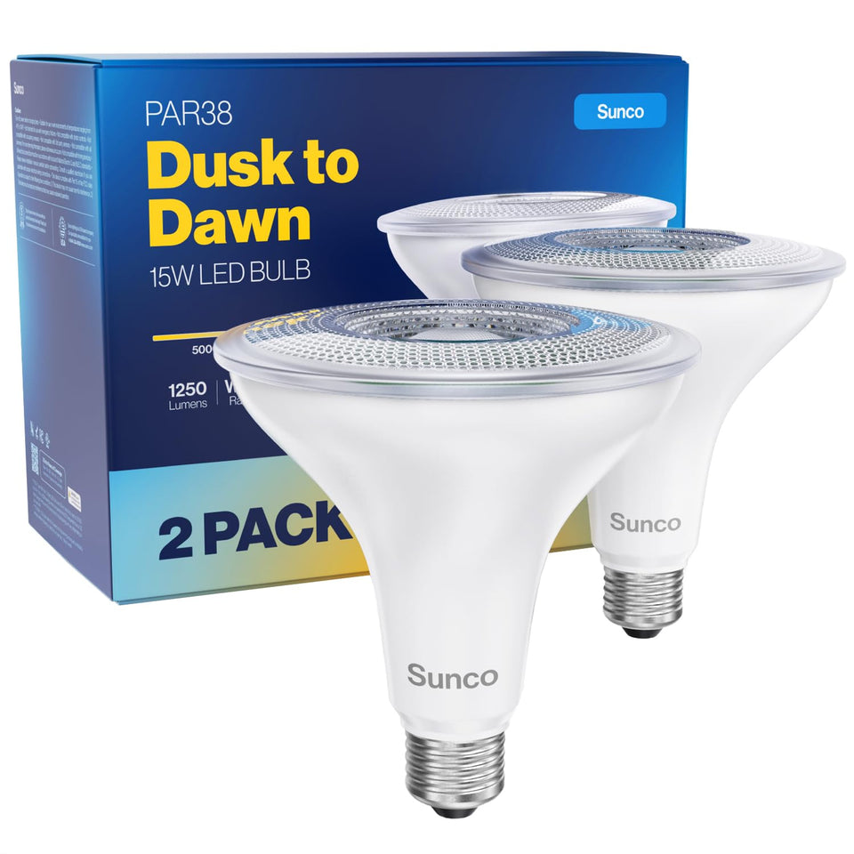 Sunco Lighting PAR38 dusk-to-dawn outdoor bulb illuminating a porch exterior.