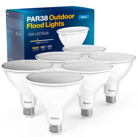 Sunco Lighting PAR38 LED flood bulb in outdoor fixture providing porch illumination.