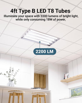 Sunco Lighting ballast-bypass Type B T8 LED bulb showing ballast-free retrofit benefits.